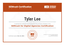 SEMrush Agency Certification for Tyler Lee of Lee Digital